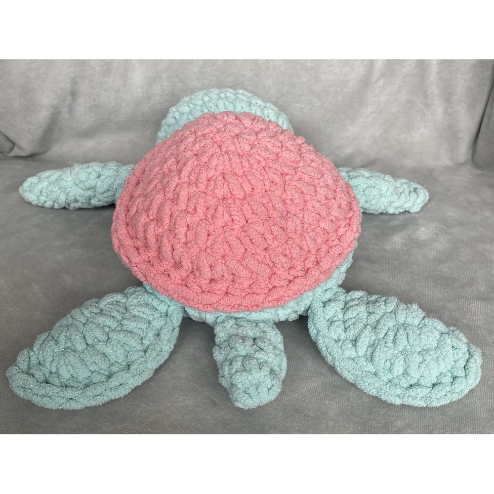 Crochet Turtle Pink Green Sparkles 12" x 13" Handmade Strawberry Pink Lemonade - Picture 5 of 8